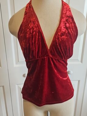 Cache Vintage Halter Top Womens Sz M‎ Red Y2K Crushed Velvet Open Back Ring Luxe